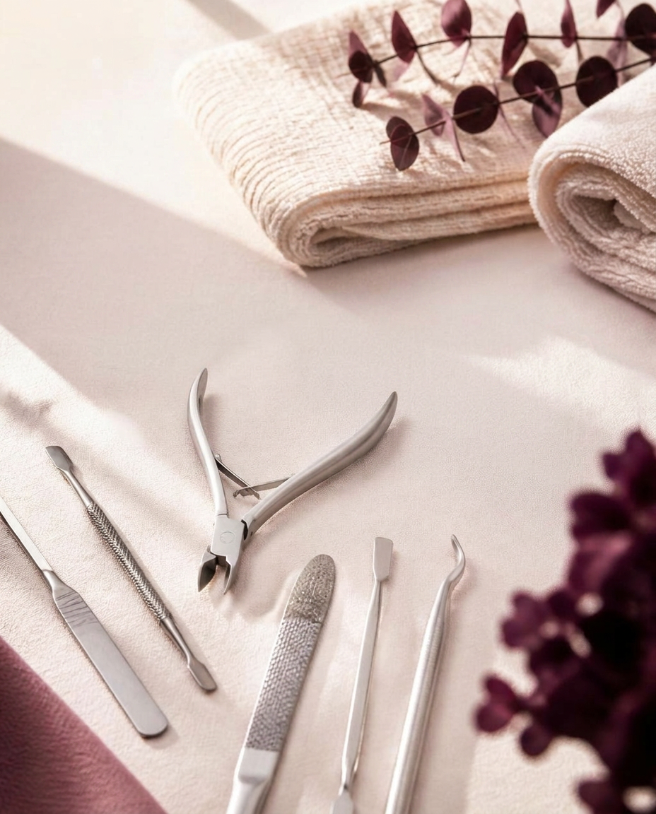 Podiatry instruments arranged in a clean editorial flat-lay
